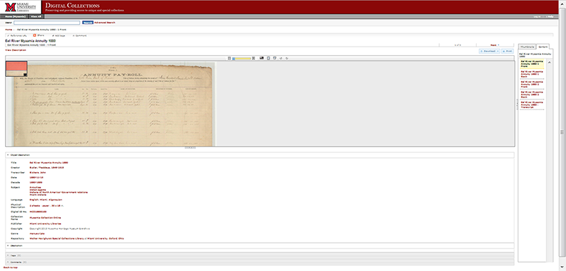 Each roll's page links to the item in the Myaamia Collection Online, including a full metadata record