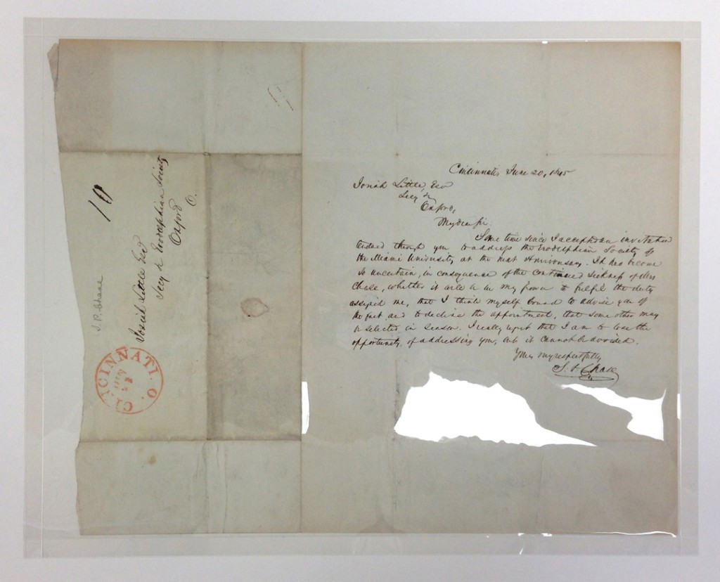 The same Chase letter as above, but photographed to show the Mylar encapsulation