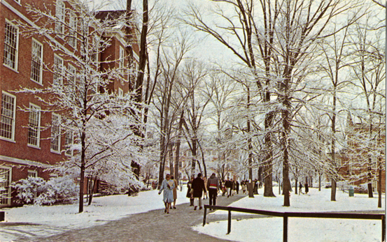 A postcard of Miami University in the winter