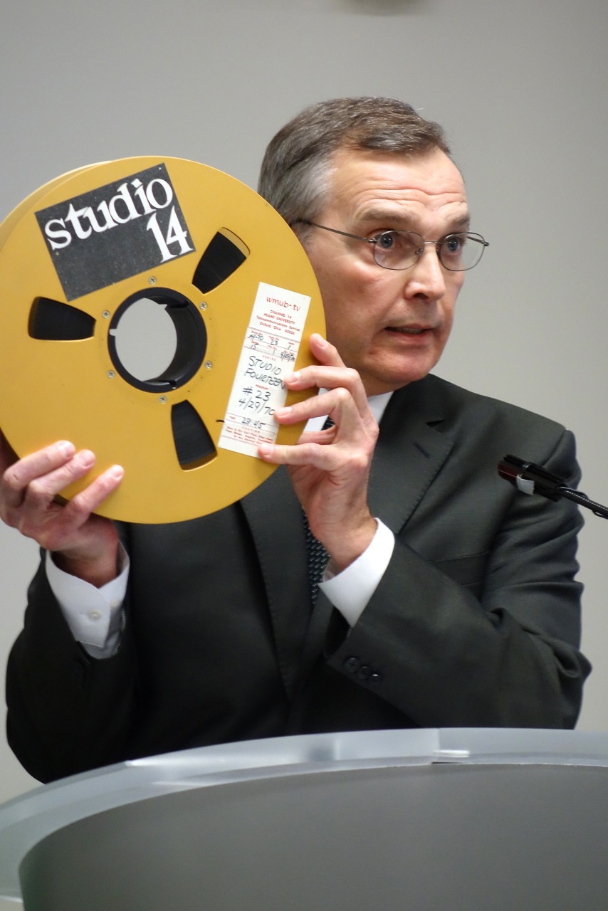 Rick showing one of the quadruplex reels of the original Studio 14 recordings