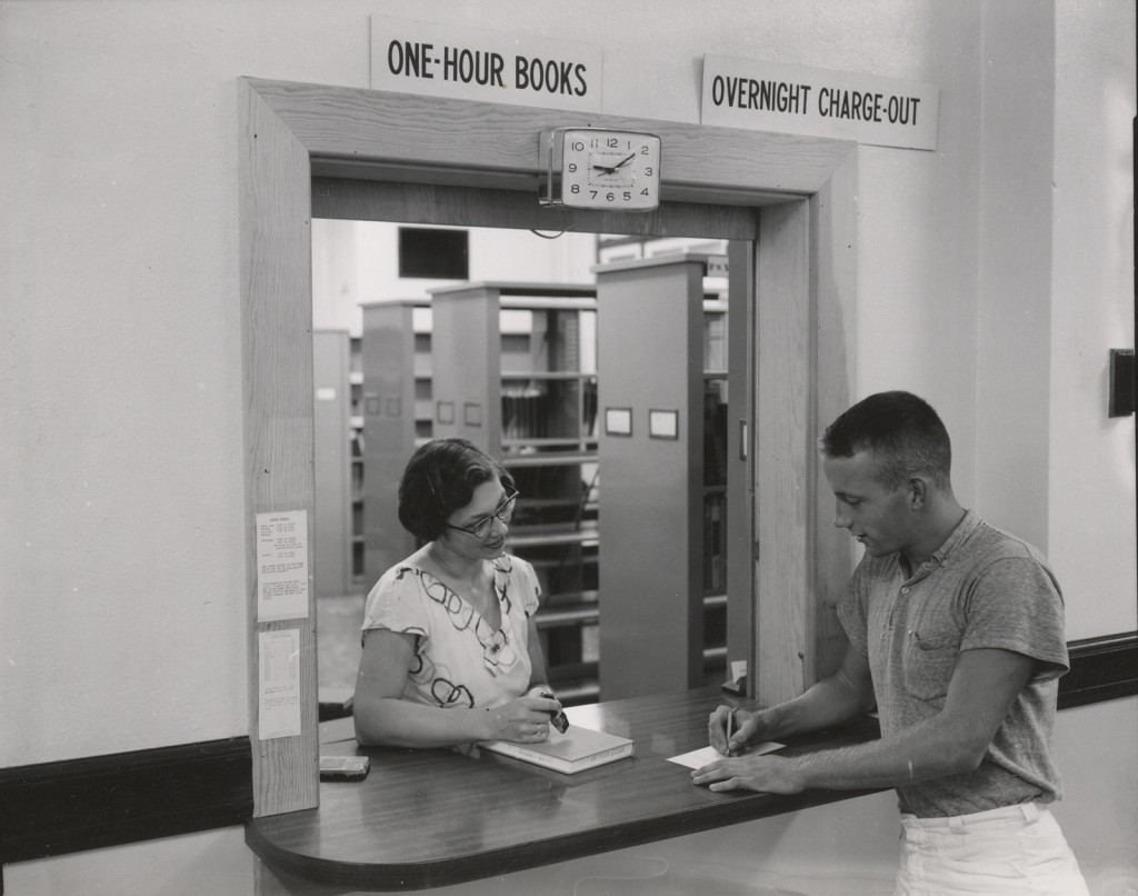 Helen Ball at the Reserve Desk, Alumni Library, Summer 1964