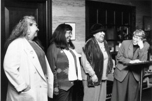 Muriel Miguel, Gloria Miguel, Lisa Mayo, and Provost Anne Hopkins at the NAWPA dedication 