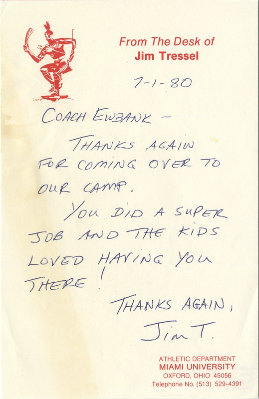 Letter to Weeb Ewbank by Jim Tressel, 1980 · Cradle of Coaches