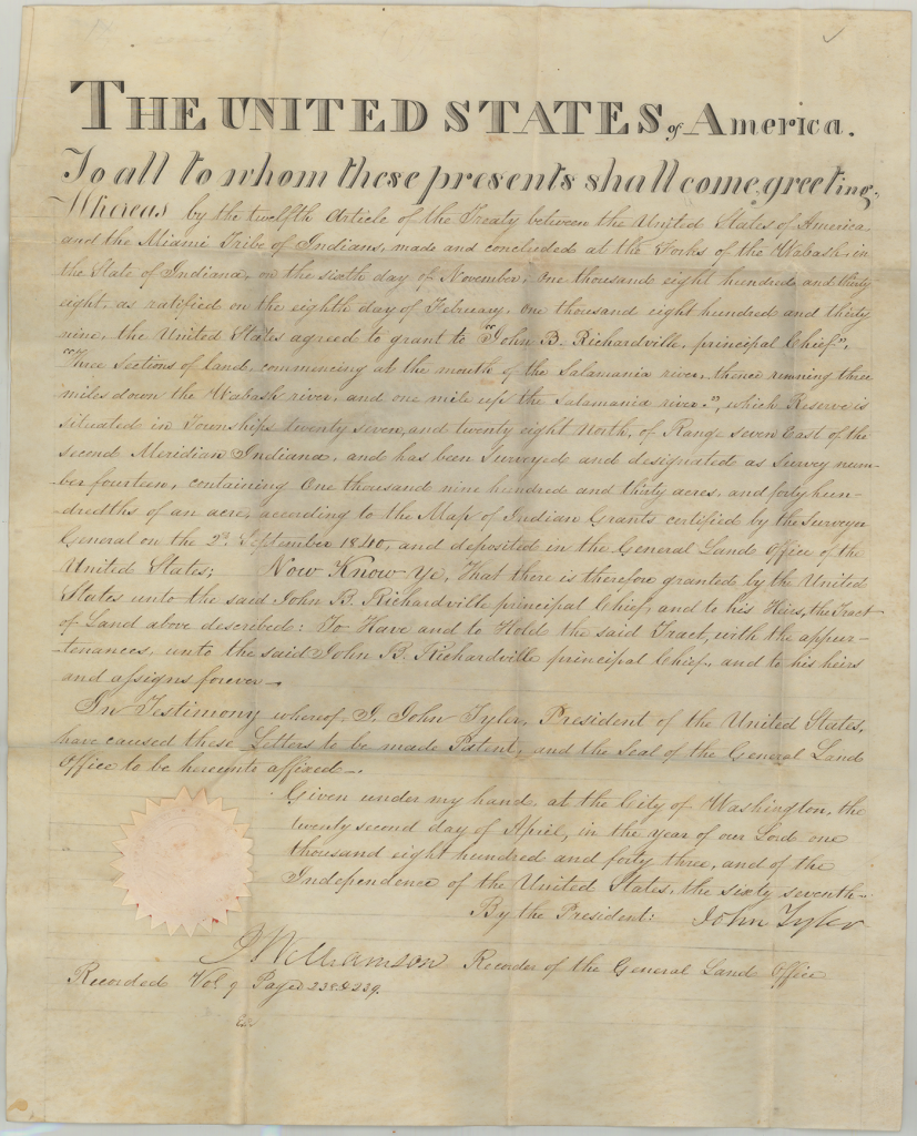 Land Grant to Jean Baptiste Richardville 3, 1843