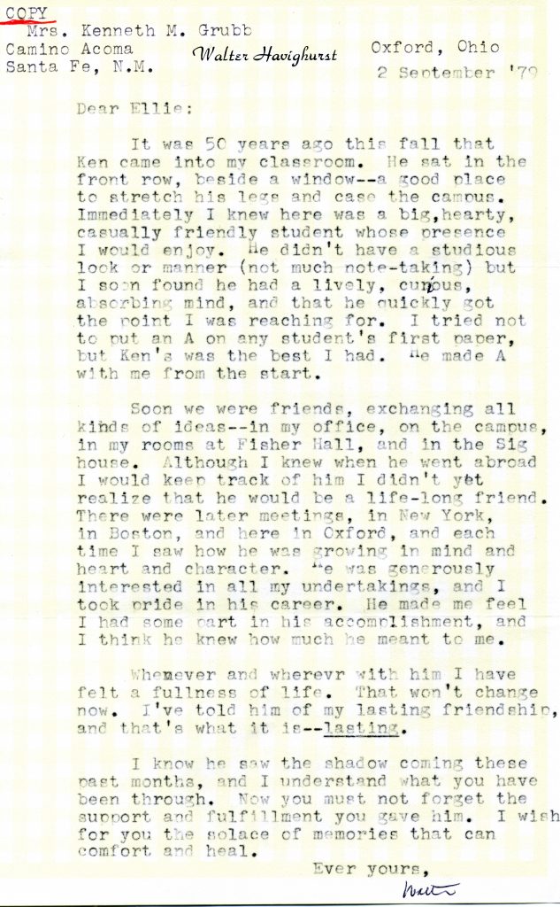 Tyoewritten letter by Walter Havighurst to Elenore Grubb on yellow checkered paper.